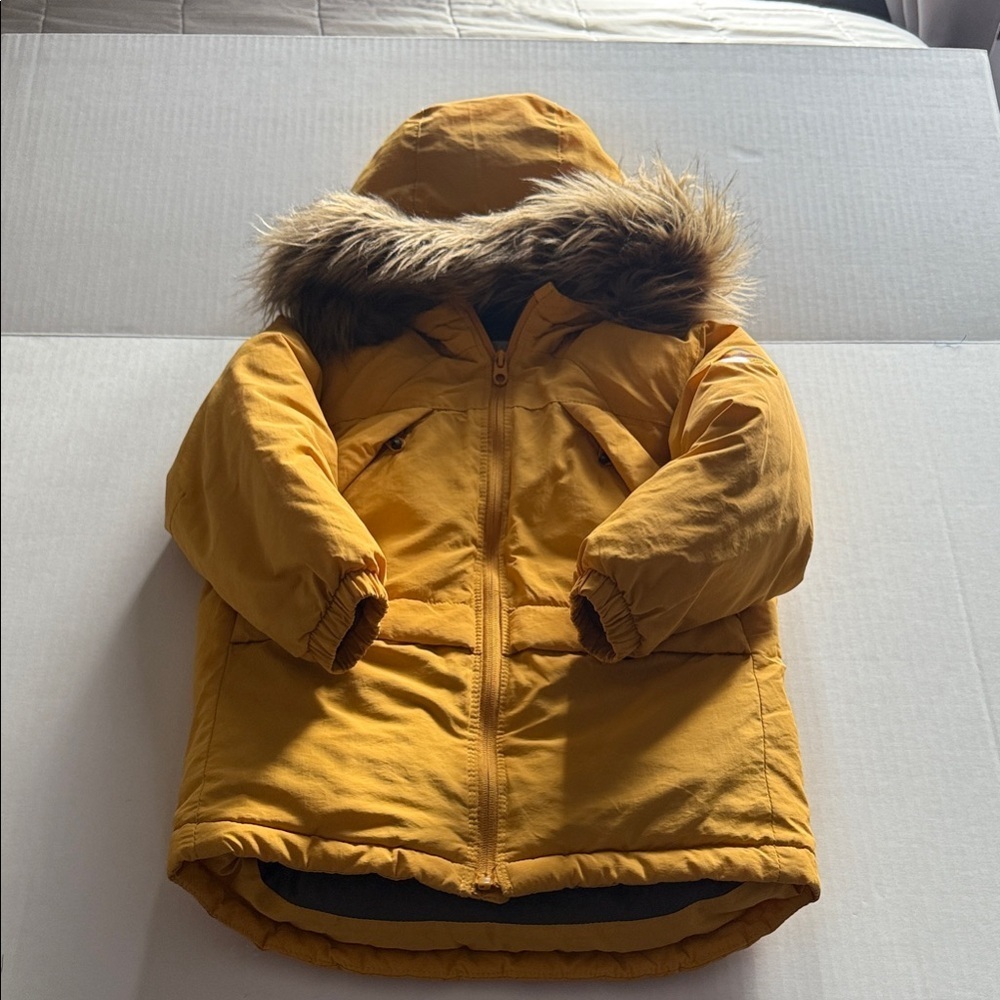 Zara Kids Yellow Puffer Jacket with Faux Fur Hood